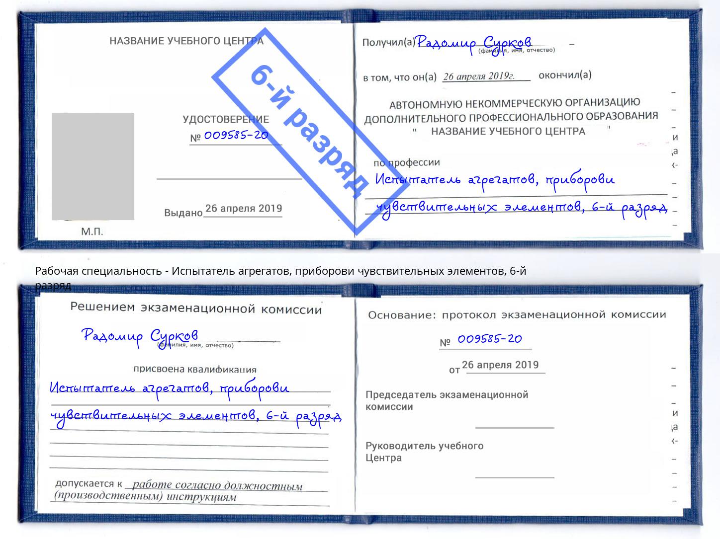 корочка 6-й разряд Испытатель агрегатов, приборови чувствительных элементов Стерлитамак